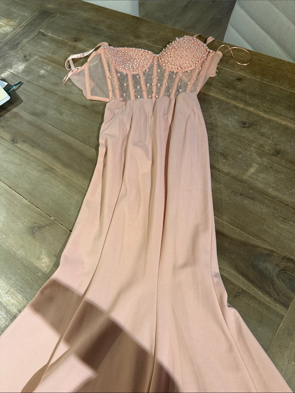 Pearl-Embellished Pink Evening Gown